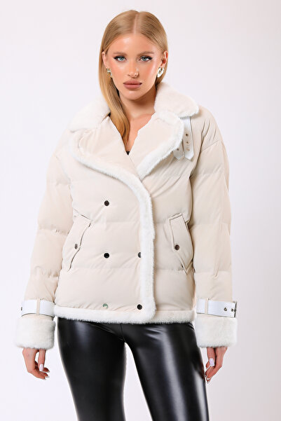 Leather Club Krem Ariana Kürk Aksesuarlı Puffer Kaba