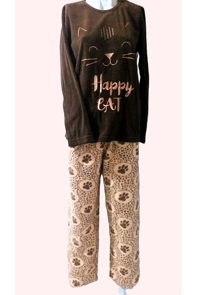 Dika Σετ γυναικείες πιτζάμες Brown Cat Fleece
