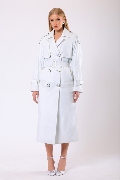 Leather Club Beyaz Celine Hakiki Deri Trench Kaban