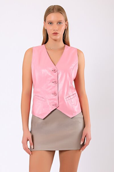 Leather Club Pembe Pamela Hakiki Deri Yelek