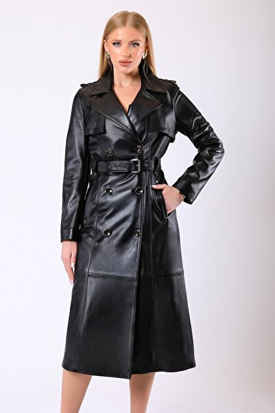 Leather Club Siyah Celine Hakiki Deri Trench Kaban