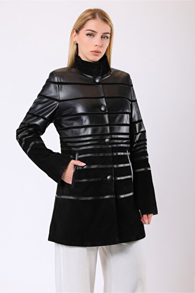 Leather Club Siyah Vivien Şerit Detaylı Hakiki Süet Deri Kaban