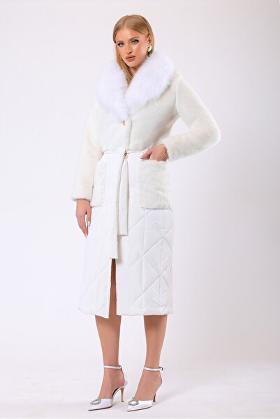 Leather Club Beyaz Diana Kürk Aksesuarlı Yün Kaban