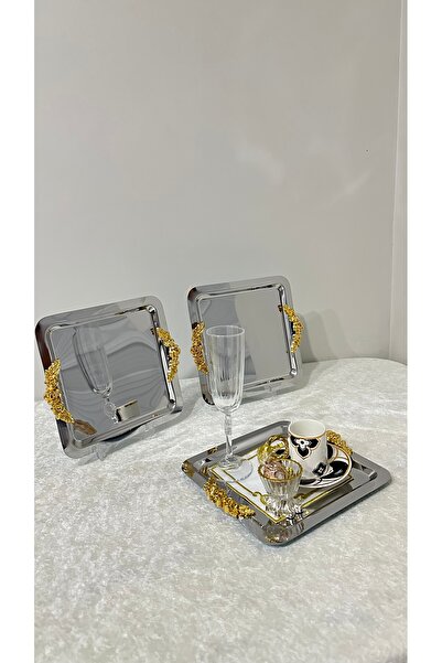 USD HOME 3-Piece Gold Flower Model Steel Coffee Presentation Serving Tray