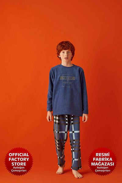 Aydoğan Boy Waiter Navy Blue Fleece Pajamas Set Long Sleeve - A10-2 - 2447 - Aydogan ®