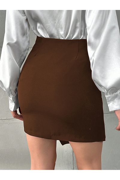 Smart Moda Γυναικεία Μίνι Φούστα - Πλαϊνή Λεπτομέρεια, Καφέ Et0020