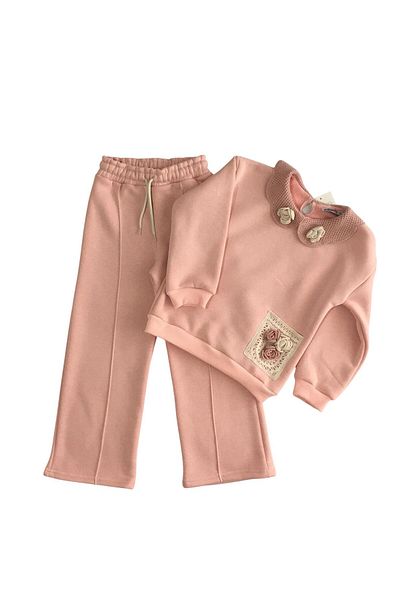 Arya Nisa Kids Pink Lace and Rose Detailed Cotton Sweatshirt and Wide Leg Tracksuit Set for Girl