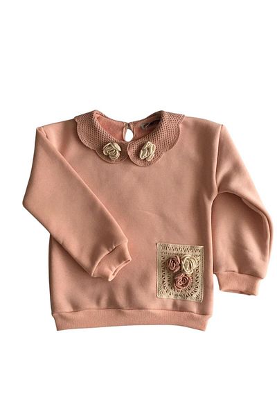 Arya Nisa Kids Pink Lace and Rose Detailed Cotton Sweatshirt and Wide Leg Tracksuit Set for Girl