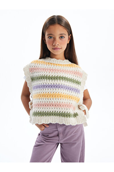 Dexia Stripe Vest - Çizgili Yanları Bağlama Detaylı Triko Süveter - Ekru Stri...