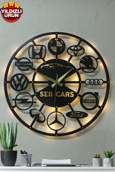 Blackdekor Araba Markalarından Oluşan Isimli Ve Işıklı Duvar Saati - Özel Tasarım | Oto Galeri Özel Tasarım