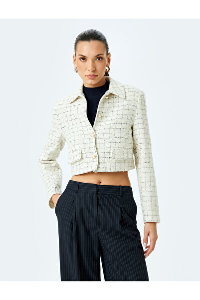 Koton Double Breasted Crop Tweed Jacket with Pearl Button Detail