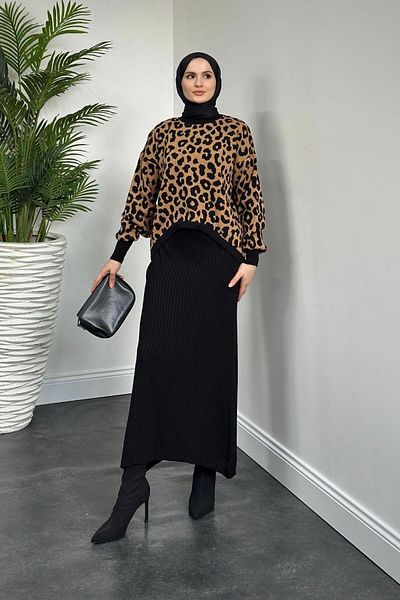 MERVEN AKYÜZ Shea Leopard Crop Gilet Set Black