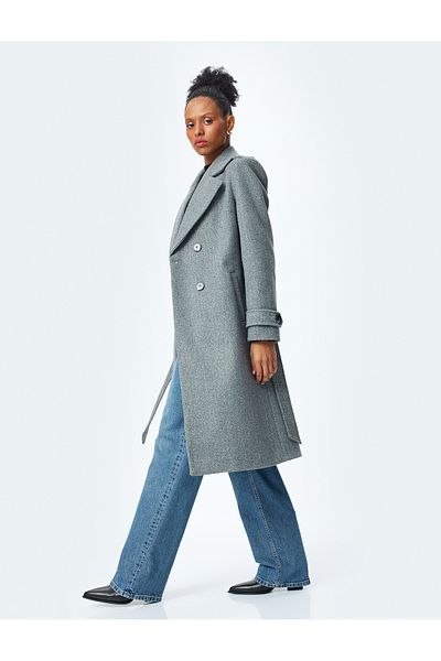 Koton Pocketed Buttoned Double Breasted Belt Detailed Long Stamp Coat