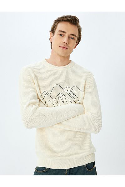 Koton Crew Neck Long Sleeve Cotton Blend Embroidered Knitwear Sweater