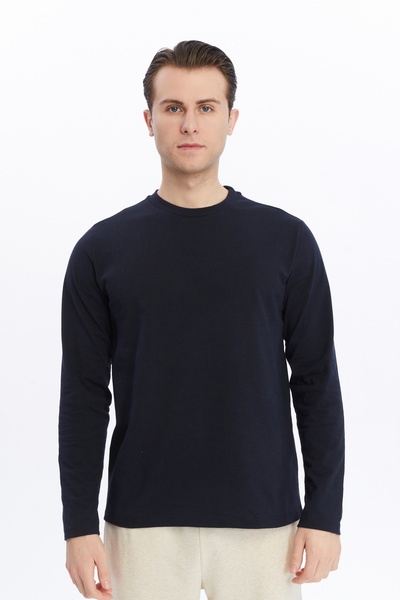 defys Tricou pentru bărbați guler rotund cu mânecă lungă, cu croială normală, basic bleumarin