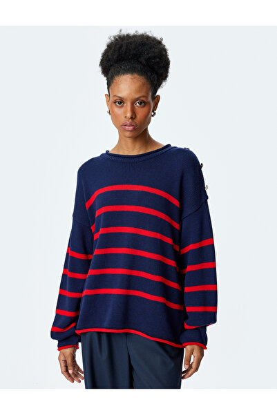 Koton Button Detailed Striped Oversize Knitwear Sweater