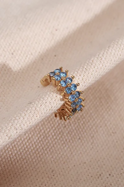 Süspüs Accessories Two Rows Blue Stone Single Compression Gold Cartilage Earrings