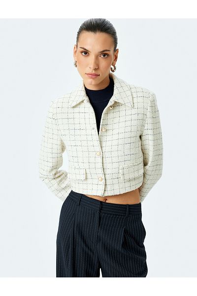 Koton Double Breasted Crop Tweed Jacket with Pearl Button Detail