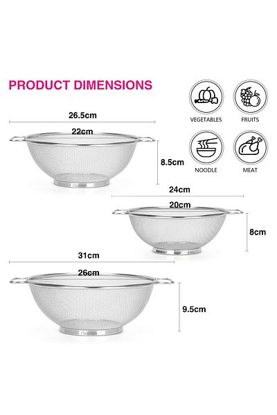 Fissman Strainer Sets with Resting Base - 20cm, 22cm, 26cm - Stainless Steel Strainer with Handle