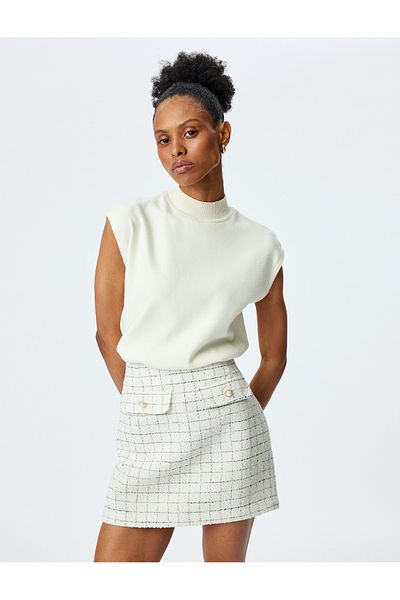 Koton Checkered Button Detailed A-Line Mini Tweed Skirt