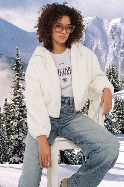 Bigdart Ecru 5193 Modell Plüsch-Crop-Jacke mit Kapuze