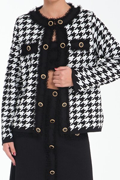 trikobis Houndstooth Patterned - Tassel Detailed and Gold Buttoned Knitwear J...