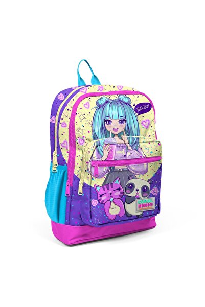 Coral High حقيبة ظهر مدرسية بأربعة أقسام منقوشة للفتيات باللون الأرجواني الور...