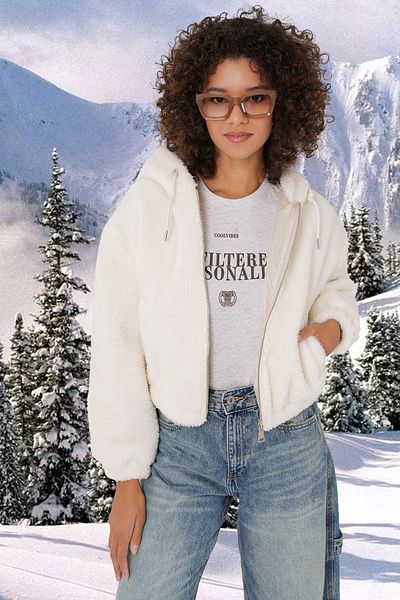 Bigdart Ecru 5193 Modell Plüsch-Crop-Jacke mit Kapuze