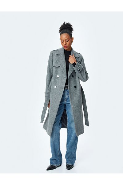Koton Pocketed Buttoned Double Breasted Belt Detailed Long Stamp Coat