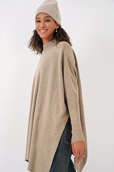 Bigdart 15783 Model A. Beige Slit Poncho Sweater