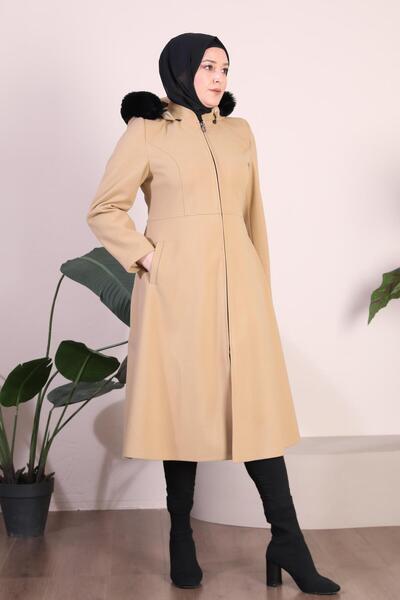 Ferace Women's Large Size Top Coat Hood Furry Zippered