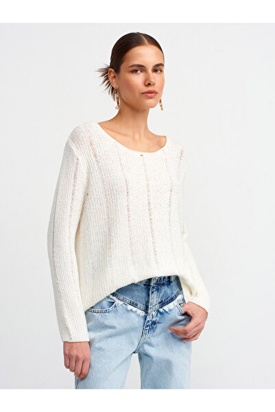 Dilvin 10544 Pulover din tricotaje cu textura moale cu gât de barca-Ecru