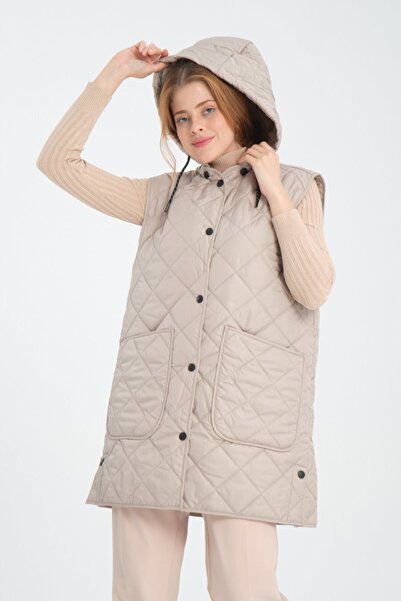 Wise Γυναικείο γιλέκο με αποσπώμενη κουκούλα Oversize καπιτονέ ύφασμα με σχισμή