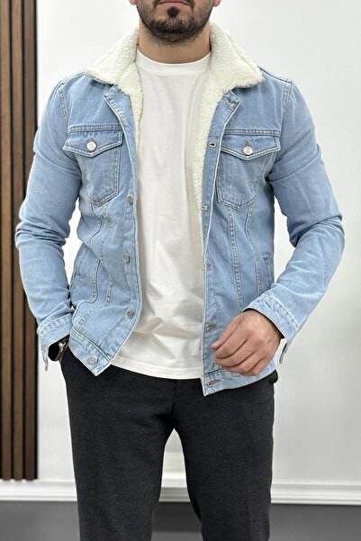 Edwox Ανδρικό τζιν μπουφάν σε στενή γραμμή με τσέπες και γούνα στο εσωτερικό,...