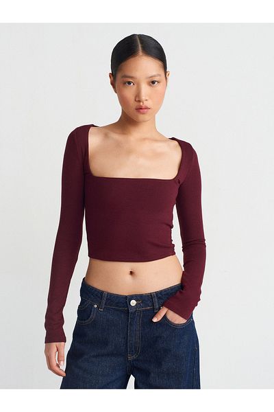 Dilvin 31507 Long Sleeve Top-Burgundy