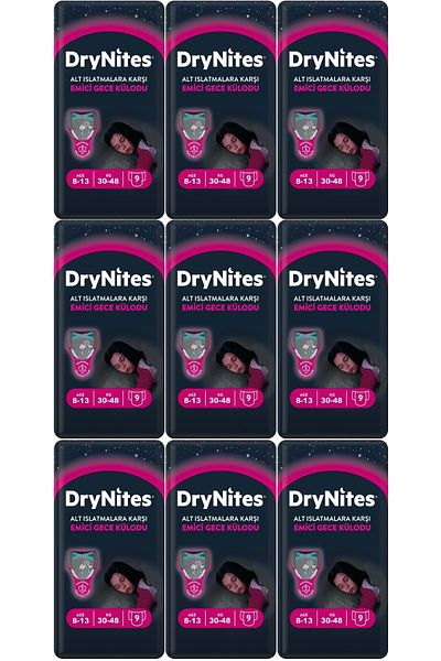 DryNites Absorbent Night Panties for Girls Ages 8-13 - 30-48kg, 81 Pieces, 9Pk*9 Against Bottom Soaking