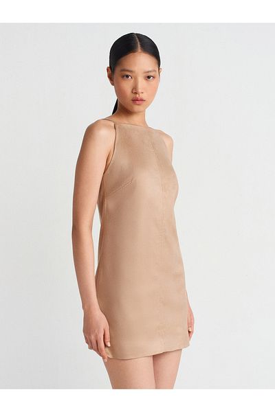 Dilvin 90909 Beige Suede Short Sling Dress