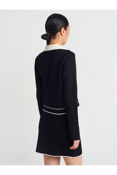 Dilvin 60297 Tricotaj cu nasturi cu gât polo Cardigan-Negru-Ecru