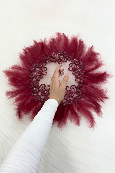 ZEYMERADE Bordo Vip Gelin Mendili, Boncuk İnci Pul Tüy Detaylı Lüks Aplikli D...