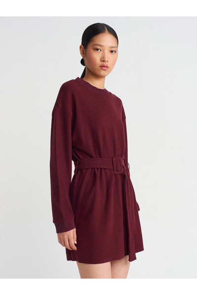 Dilvin 91335 Βουργουνδί ροζ φόρεμα με μαλακή ζώνη