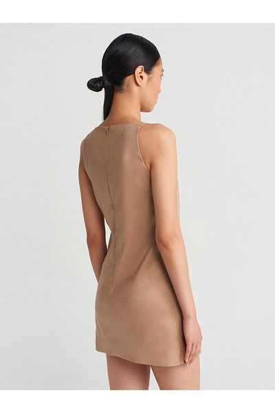Dilvin 90909 Beige Suede Short Sling Dress