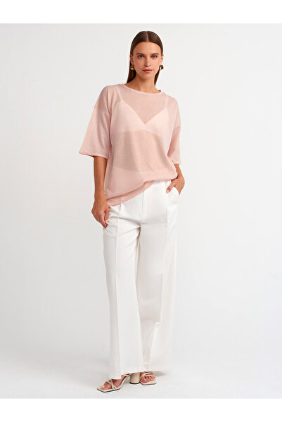 Dilvin 10550 Bisiklet Yaka Kısa Kol Transparan Bluz-Pudra