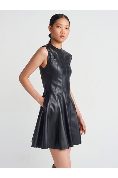 Dilvin 91301 Faux Leather Mini Dress-Black