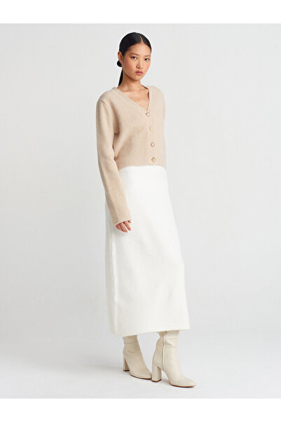 Dilvin 60273 V-Neck Knitwear Cardigan - Dark Beige, Buttoned