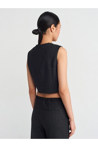 Dilvin 60570 Asymmetrical Double Breasted Vest-Black