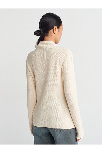 Dilvin 10681 Stand Collar Thin Textured Knitwear Sweater-Ecru