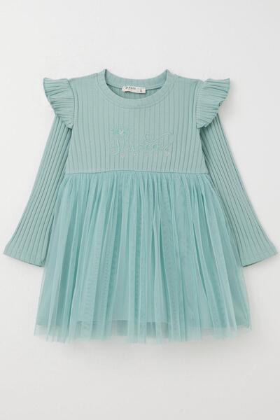 Breeze Kız Çocuk Uzun Kollu Elbise Yazı Nakışlı 1.5-5 Yaş, Mint Yeşili