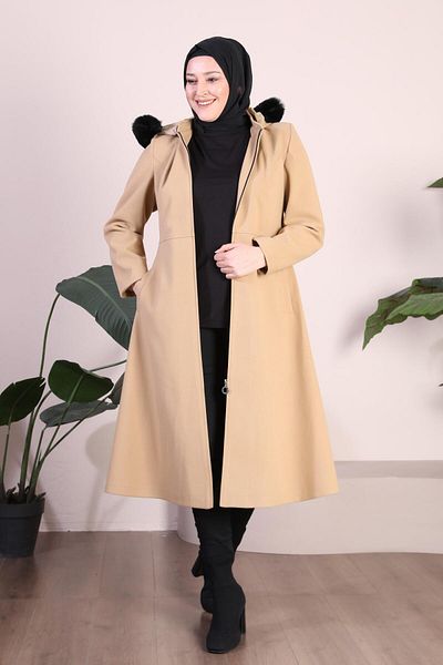 Ferace Women's Large Size Top Coat Hood Furry Zippered