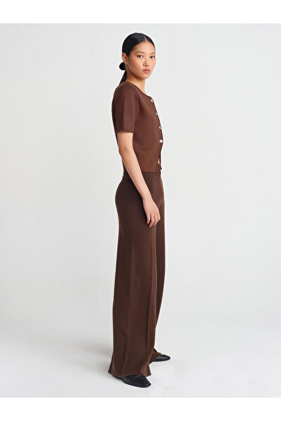 Dilvin 60293 Πλεκτό με κουμπιά Crew Neck Ζακέτα-Καφέ