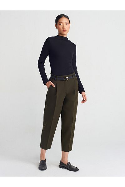 Dilvin 71533 Belted Carrot Fit Trousers-Khaki